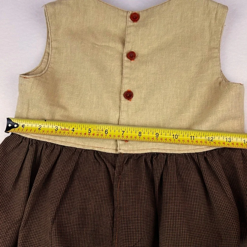 Vintage Style Handmade Apple Embroidered Jumper Dress Brown Tan Check Kids